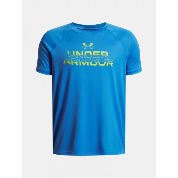  Chlapčenské tričko UNDER ARMOUR UA TECH SPLIT WORDMARK SS 1383010-402 MODRÁ 