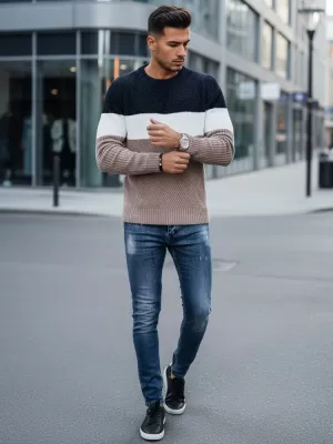 Pánsky sveter DSTREET WX2321 BÉŽOVÁ/TMAVO MODRÁ