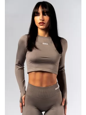 Bezšvový crop top s dlhými rukávmi POWER 892 SVETLO HNEDÝ ASH Nebbia