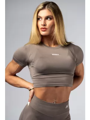 Bezšvový crop top s krátkym rukávom POWER 891 SVETLO HNEDÁ ASH Nebbia