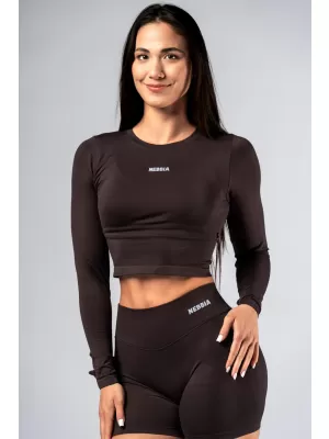 Bezšvový crop top s dlhými rukávmi POWER 892 DARK BROWN Nebbia