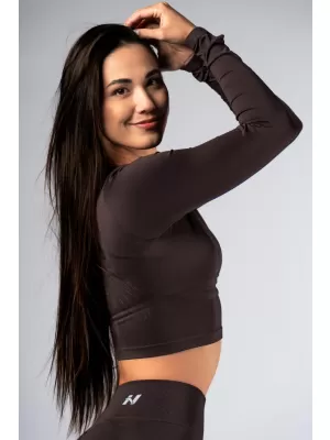Bezšvový crop top s dlhými rukávmi POWER 892 DARK BROWN Nebbia