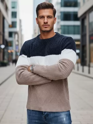Pánsky sveter DSTREET WX2321 BÉŽOVÁ/TMAVO MODRÁ