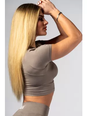 Bezšvový crop top s krátkym rukávom POWER 891 SVETLO HNEDÁ ASH Nebbia