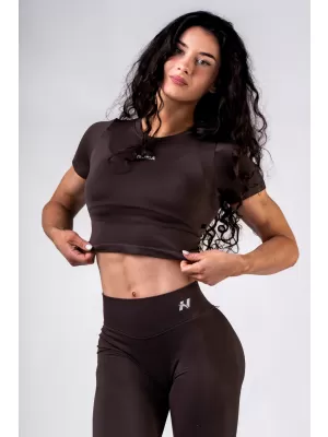 Bezšvový crop top s krátkym rukávom POWER 891 DARK BROWN Nebbia