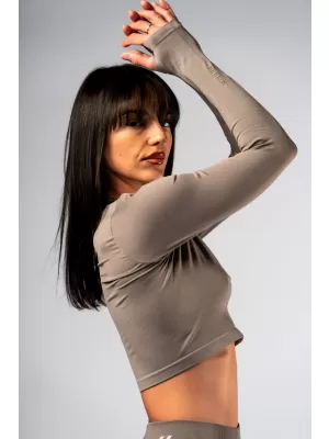 Bezšvový crop top s dlhými rukávmi POWER 892 SVETLO HNEDÝ ASH Nebbia