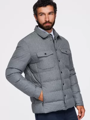 Pánska prešívaná košeľová bunda OMBRE OM-JALP-0256 GREY MELANGE
