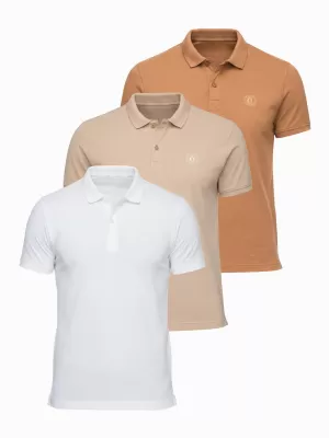 Pánske tričko s golierom OMBRE OM-POBS-0171 WHITE/WHITE/LIGHT BROWN