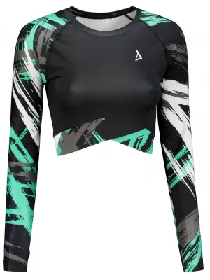 Dámsky prémiový funkčný crop top s dlhým rukávom ALTISPORT VOJ/ALW039TR04 ČIERNA/TYRKYSOVÁ
