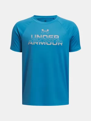 Chlapčenské tričko UNDER ARMOUR TECH SPLIT WORDMARK SS 1383010-452 MODRÁ