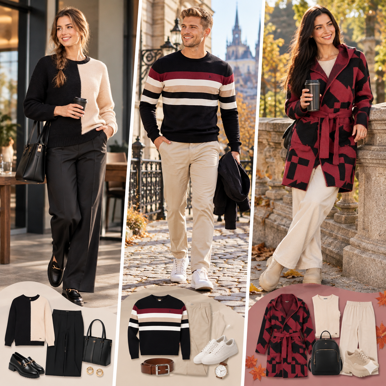 Tri jesenné outfity so svetrom a dlhým kardigánom